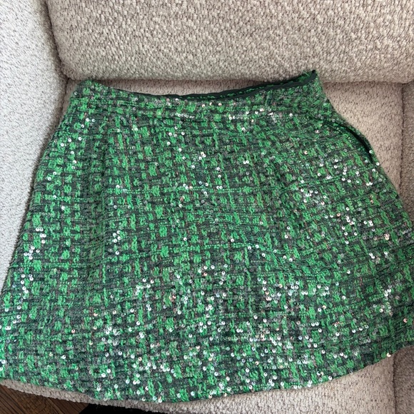 Maeve Anthropologie Emerald Sequin Tweed mini Skirt black buttons - Picture 5 of 5